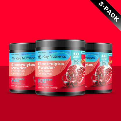 Three containers of Electrolyte Recovery Plus Powder (Sugar-Free), Cherry Pom flavor, displayed on a red background.