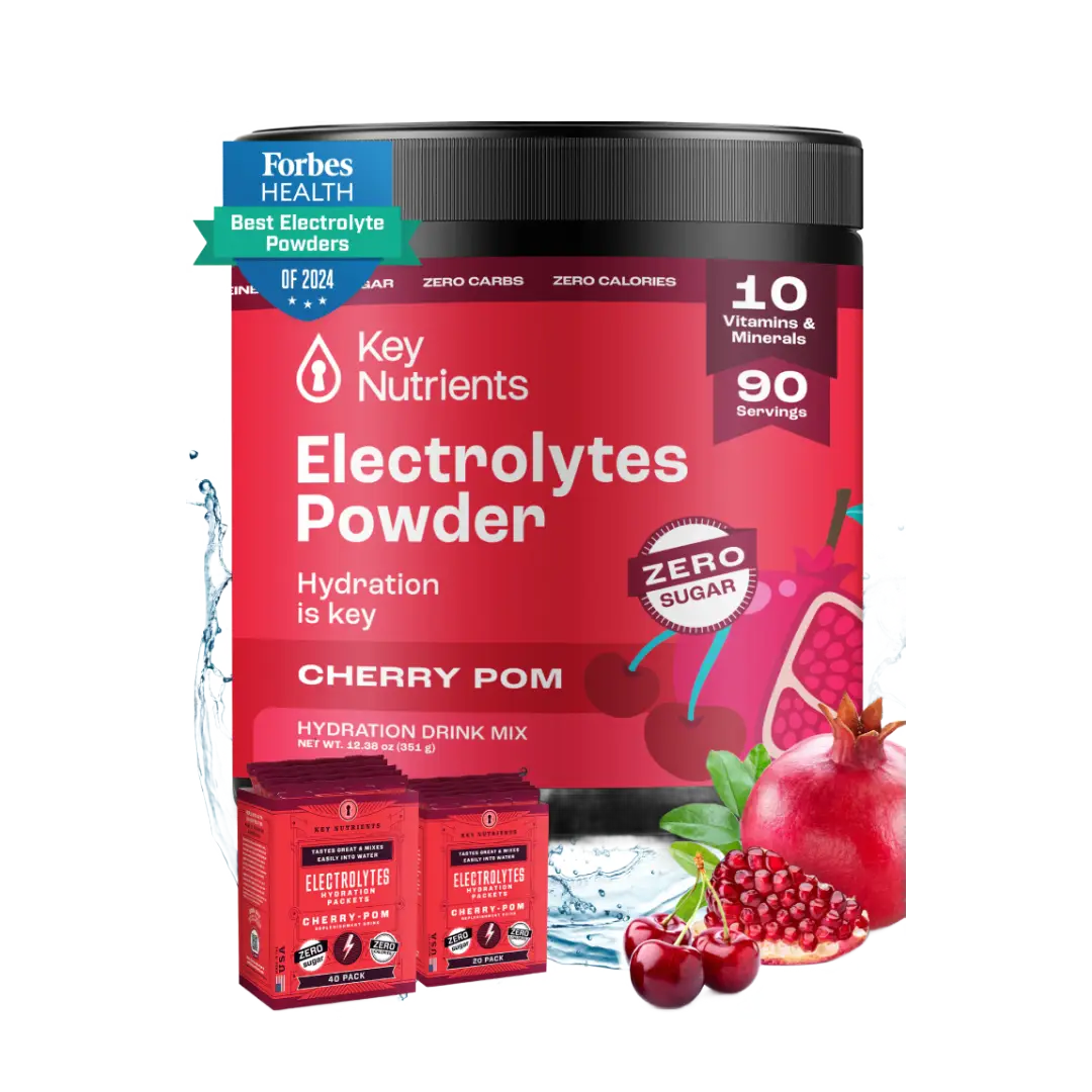 Red container of Electrolyte Recovery Plus Powder (Sugar-Free), Cherry Pom flavor, with a hint of pomegranate and water—a perfect hydration drink that's keto diet friendly.