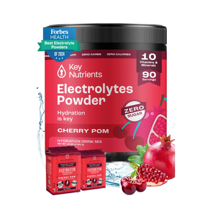 Red container of Electrolyte Recovery Plus Powder (Sugar-Free), Cherry Pom flavor, with a hint of pomegranate and water—a perfect hydration drink that's keto diet friendly.