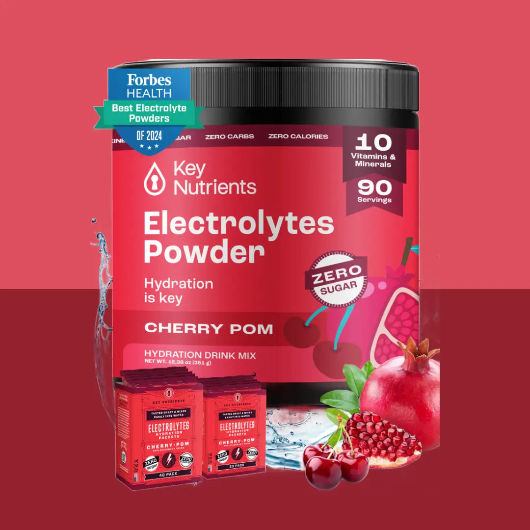 Electrolyte Recovery Plus Powder (Sugar-Free) with cherry and pomegranate flavor packaging, featuring a Keto Diet Friendly formula and a Forbes Health award badge.