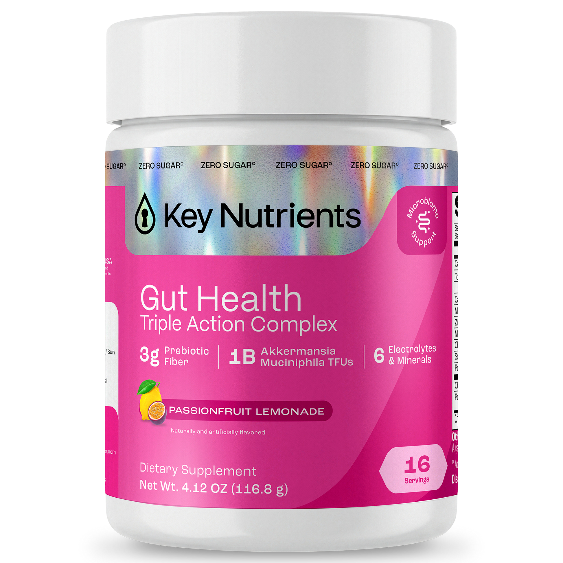 Gut Health supplement, passionfruit lemonade flavor, supports digestion and hydration.