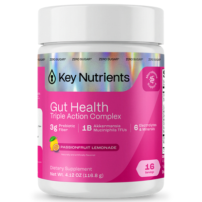 Gut Health supplement, passionfruit lemonade flavor, supports digestion and hydration.