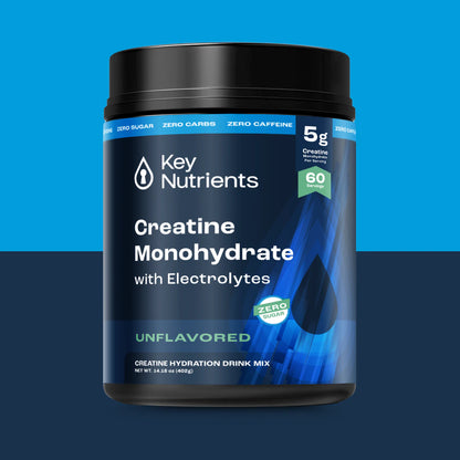 Tub of Creatine with Electrolytes Powder (Unflavored), featuring 60 servings in a blue and black design.