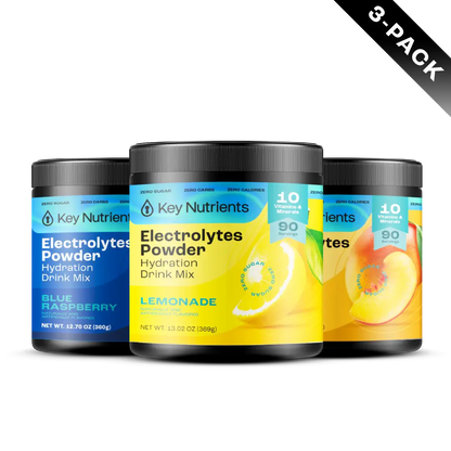 Three tubs of Electrolyte Recovery Plus Powder (Sugar-Free) feature essential hydration flavors: Blue Raspberry, Lemonade, and Lemonade. This 3-pack is perfect for those on a Keto Diet, helping you stay refreshed and balanced.