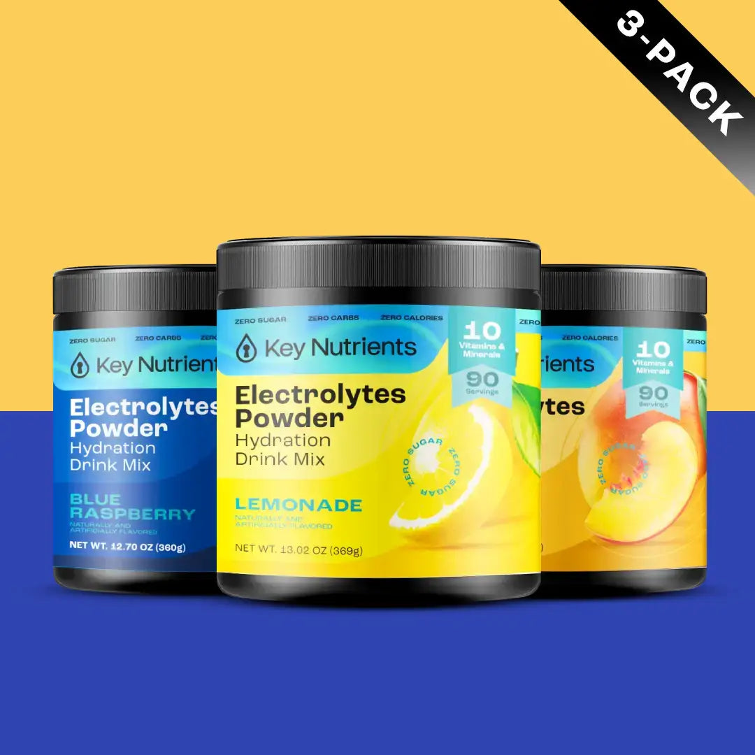 Three tubs of Electrolyte Recovery Plus Powder (Sugar-Free) in blue raspberry and lemonade flavors are perfect as refreshing hydration drinks. Keto diet friendly, each tub ensures your body stays balanced and energized.