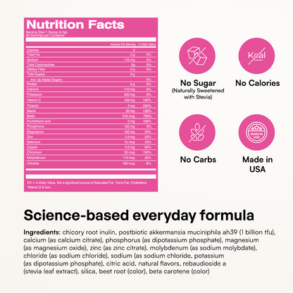 Gut Health label: icons for gut health, no sugar, no calories, no carbs, made in USA.