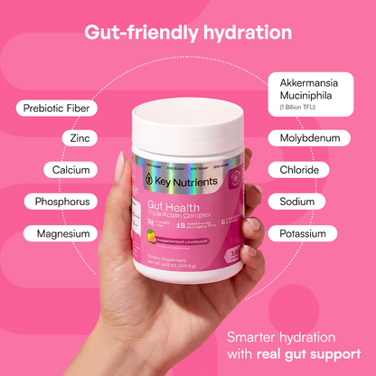 A hand holds a Gut Health jar, showcasing nutrient and hydration benefits on a pink background.