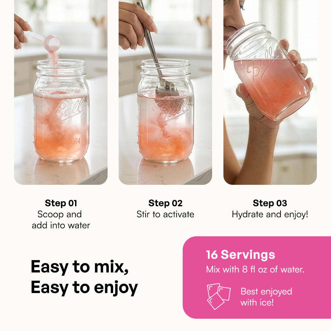 Three steps: scoop Gut Health into a mason jar, stir with water, and drink for hydration.