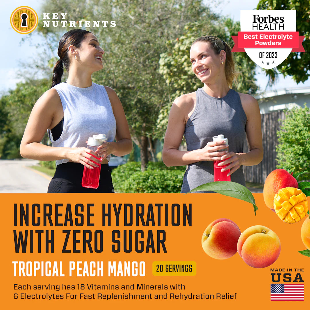 Two women relish their outdoor drinks, featuring the Electrolyte Recovery Plus Powder (Sugar-Free) with tropical peach mango flavor. Ideal for those on a keto diet, this refreshing blend enhances hydration while allowing you to enjoy the vibrant essence of summer.