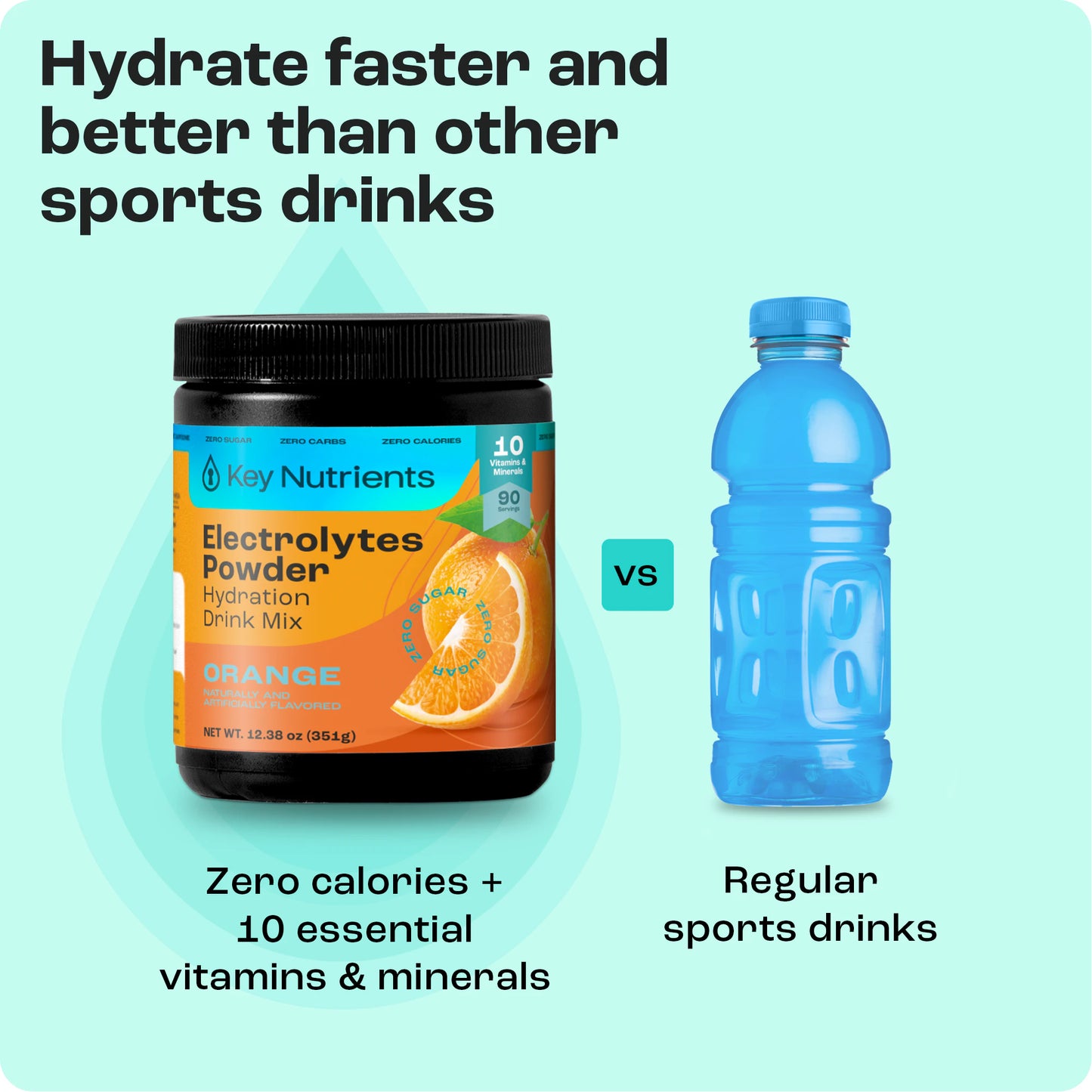 Hydrate faster with Cherry Pom 20s: electrolyte powder, zero calories, more vitamins vs. sports drink.