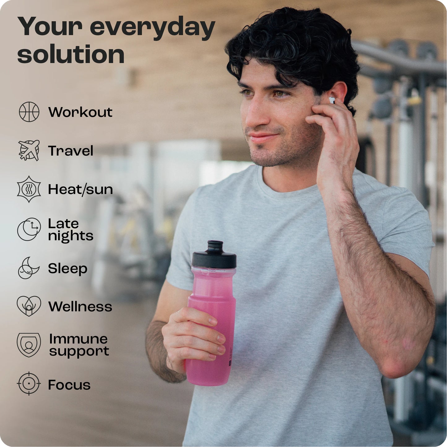 Man in gym with [Drafted for AMZ] Cherry Pom 20s bottle, touching ear. Text highlights daily activities and hydration.