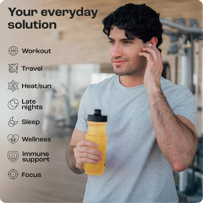 Man at gym with Cherry Pom 20s hydration drink, adjusting earbuds. Lists daily activities and solutions.