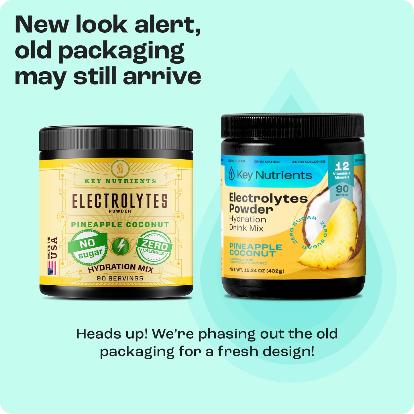 Two unique electrolyte powder containers, zero calorie, highlighting pineapple coconut flavor.