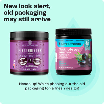 Two containers of Cherry Pom 20s electrolyte powder on a teal background, with purple labels and new packaging.