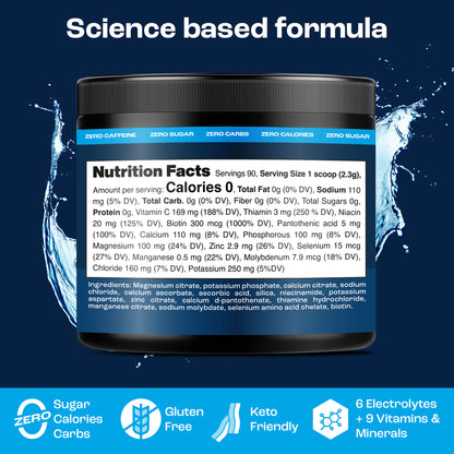 Label for Electrolyte Recovery Plus Powder featuring nutrition facts, emphasizing its gluten-free and keto-friendly benefits. This product is ideal for individuals on a Keto Diet, providing zero calories and ensuring you stay hydrated with an electrolyte boost.