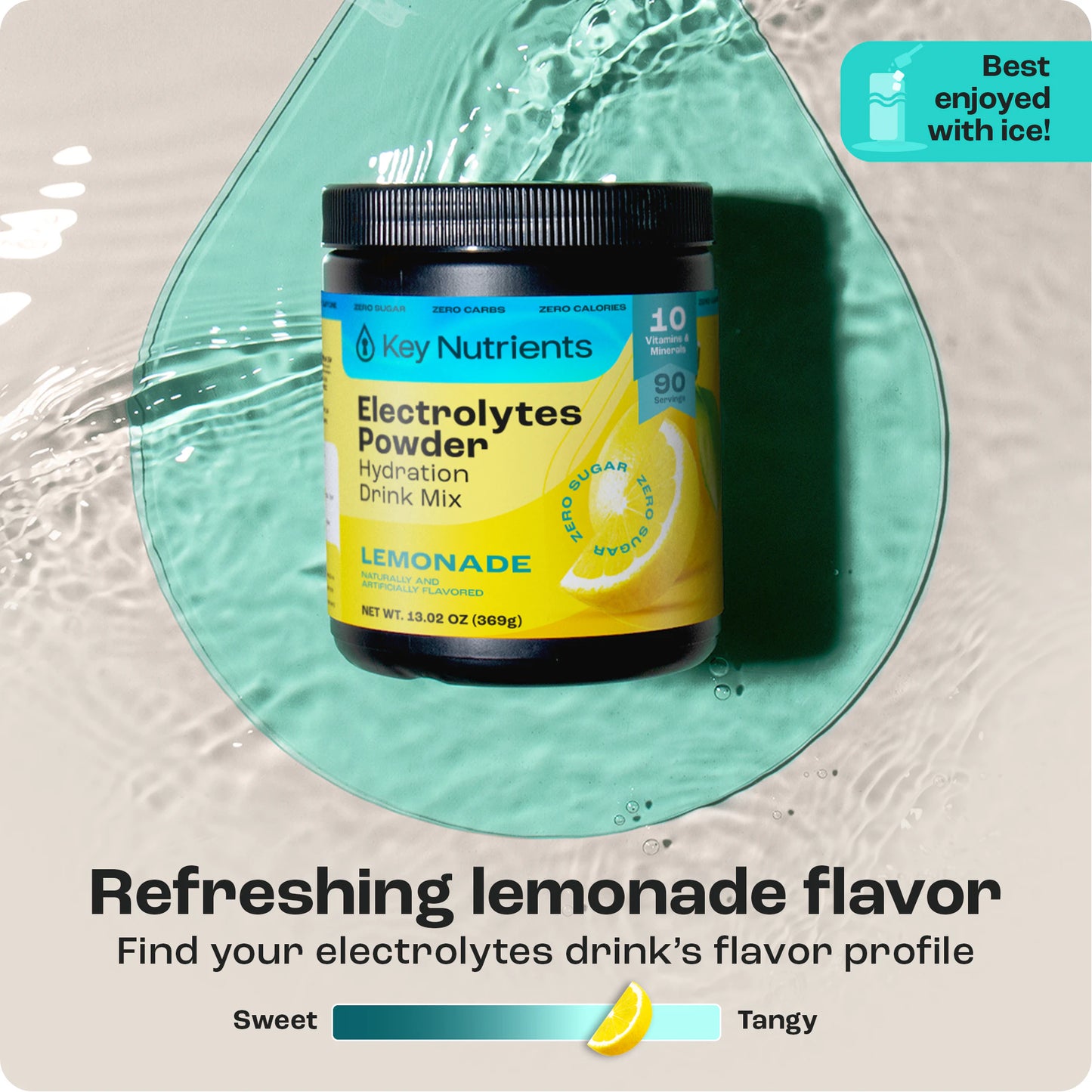 Cherry Pom electrolyte powder, 20 servings, zero calories lemonade flavor on water background.