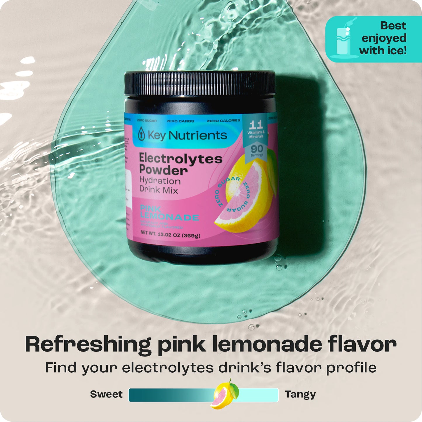 Cherry Pom electrolyte powder on green surface with zero calories and pink lemonade flavor profile.