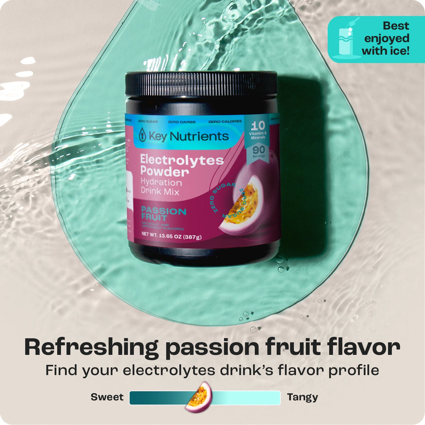 Cherry Pom 20s jar highlights zero-calorie electrolyte powder with a water backdrop and passion fruit flavor.