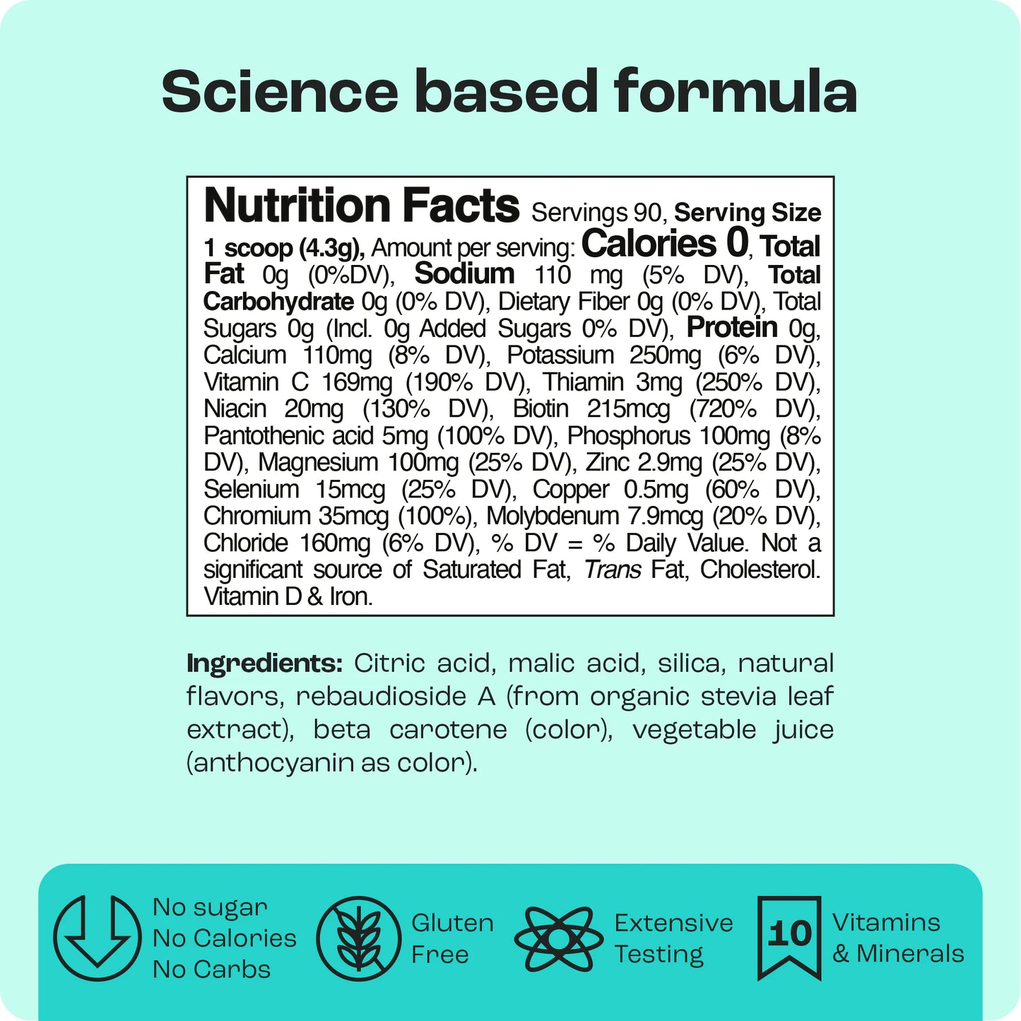 Nutrition facts label with gluten-free, no sugar, non-GMO icons, plus Electrolyte Powder & 10 vitamins; Cherry Pom.