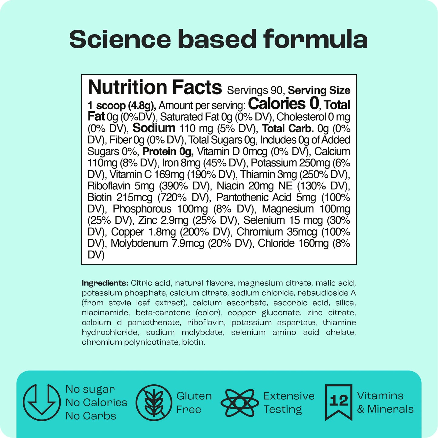 Nutrition label for [Drafted for AMZ] Cherry Pom 20s: science-based, zero-calorie with vitamins & electrolytes.