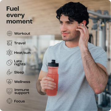 Man in gym holds Electrolyte Recovery Plus Powder, zero-calorie red drink; wearing earbuds; health & travel perks.