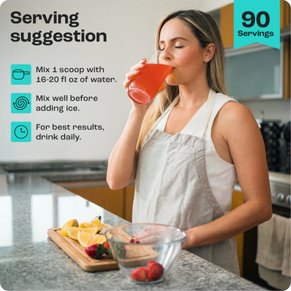 Woman enjoying Cherry Pom drink in kitchen; contains lemon, strawberries, zero calories. Instruction text visible.