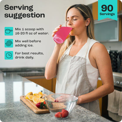 Woman enjoying Cherry Pom 20s drink in kitchen, with fruits and recipe text in the background.