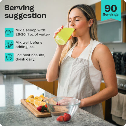 Woman enjoying Cherry Pom 20s hydration drink in kitchen with visible mixing instructions.