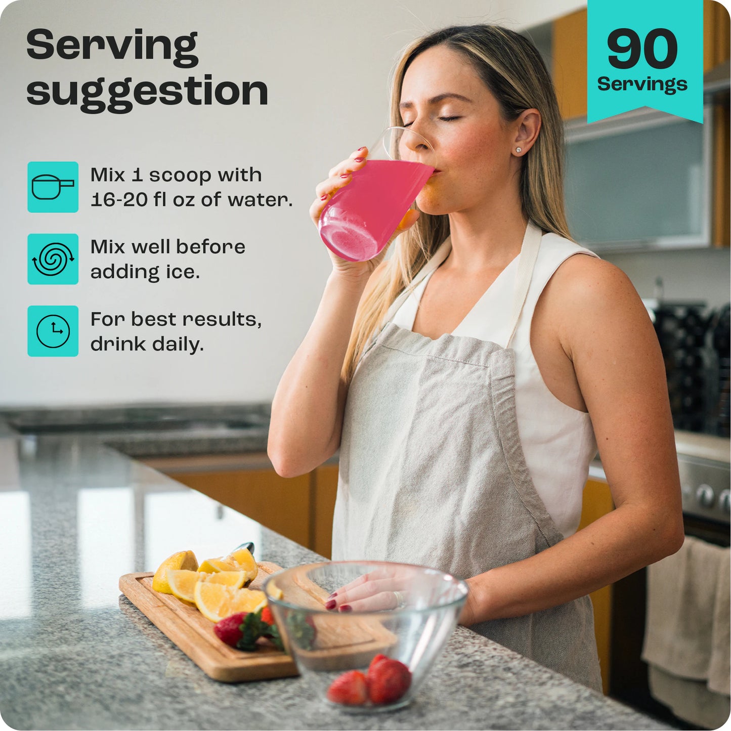 Woman drinking Cherry Pom 20s in kitchen, with fruit and electrolyte powder instructions visible.