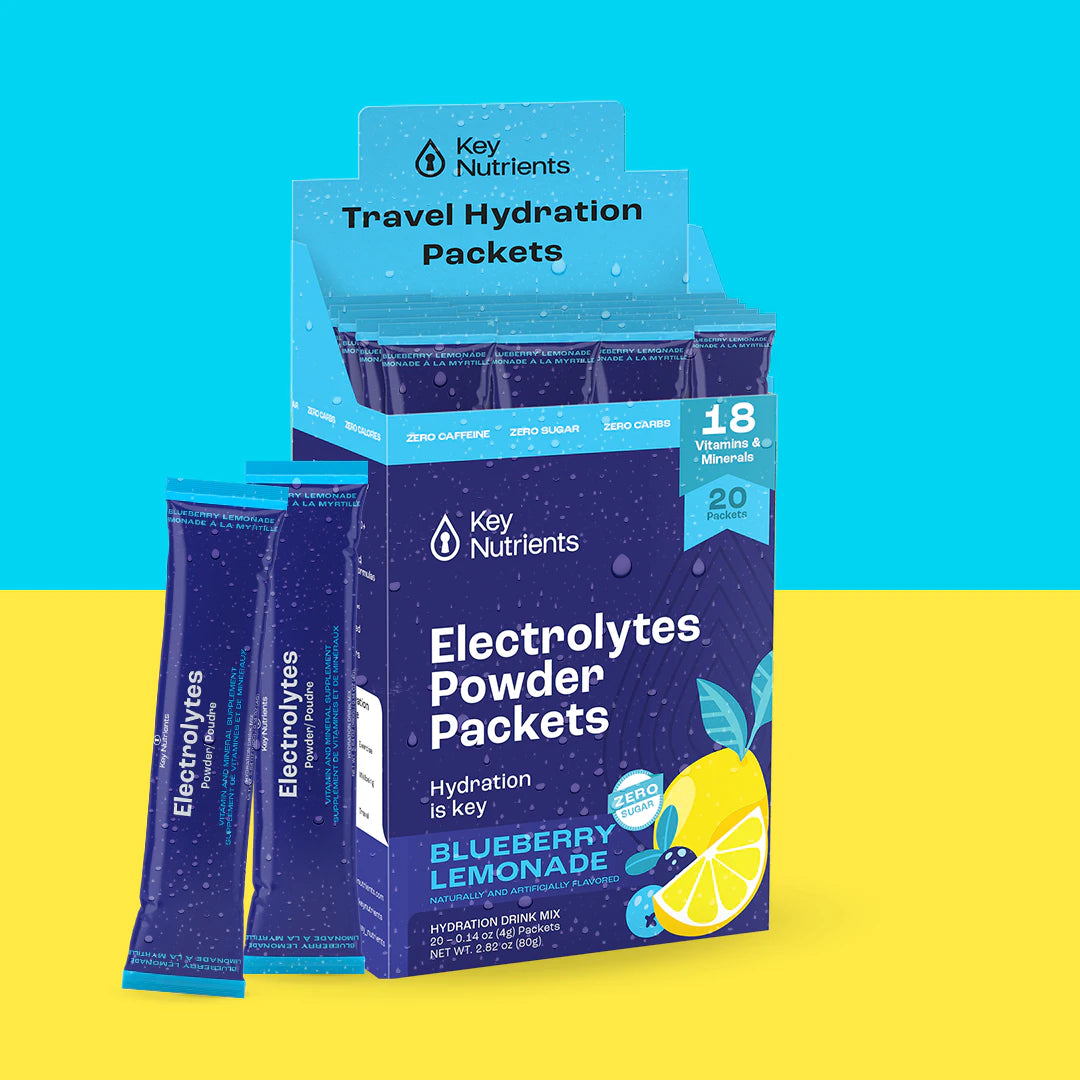 Electrolyte Recovery Plus Powder (Sugar-Free) in Blueberry Lemonade flavor is offered in a display box adorned with vibrant lemon and blueberry graphics. This hydration drink is ideal for everyone, including those on a keto diet.