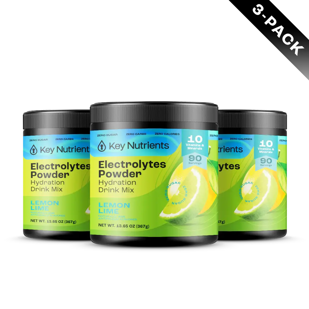 Three containers of Electrolyte Recovery Plus Powder (Sugar-Free) lemon lime, ideal for making a hydration drink, are displayed in a 3-pack.