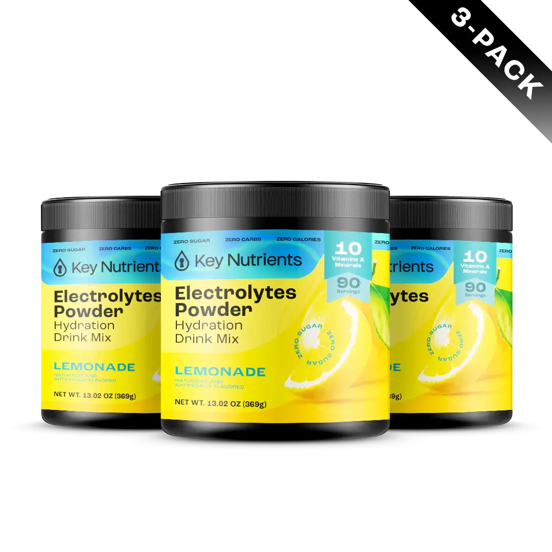 Three jars of Electrolyte Recovery Plus Powder (Sugar-Free), ideal for your Keto Diet Friendly regimen. This hydration drink, featuring a refreshing lemonade flavor, is available in a 3-pack with 90 servings each and is showcased on a sleek black background.