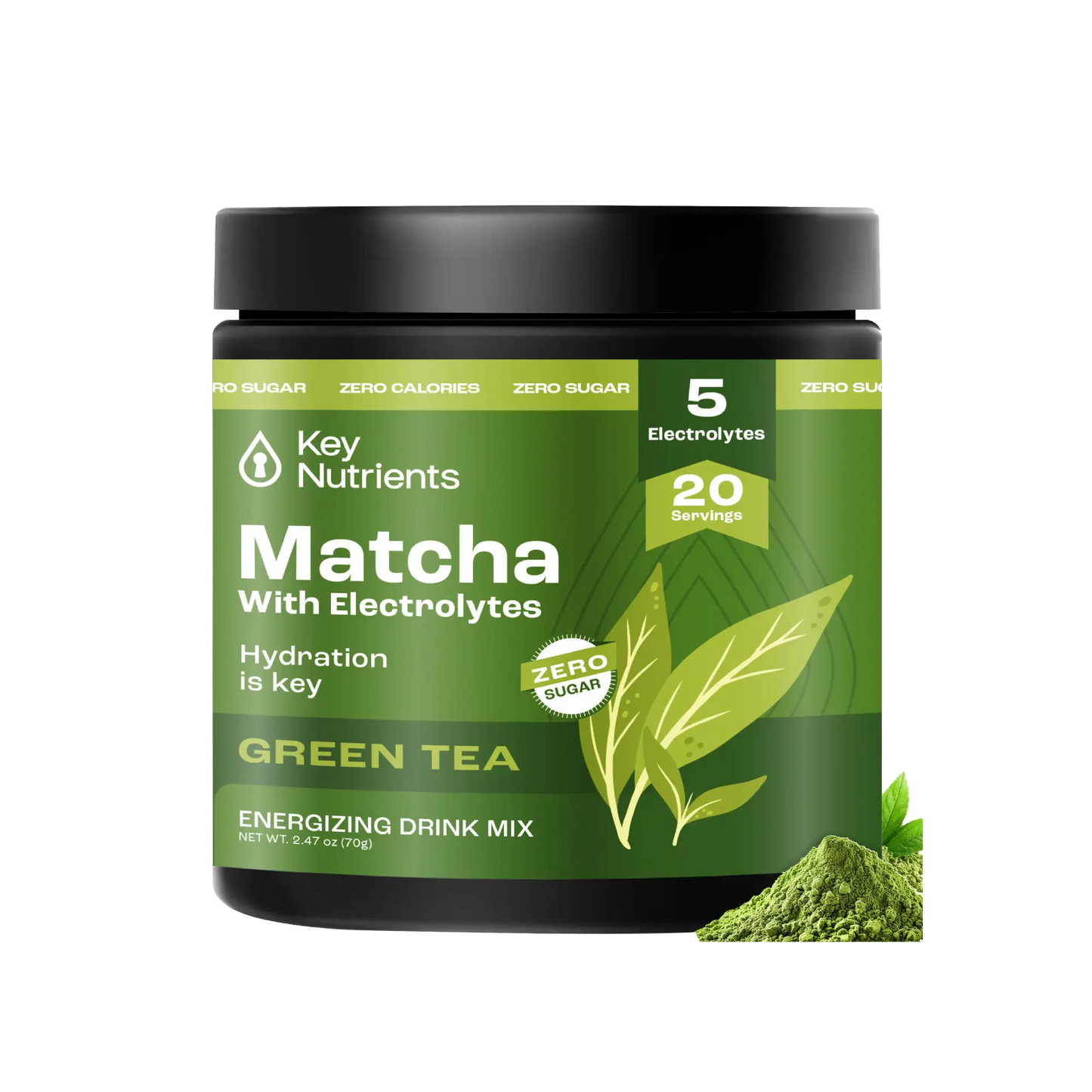 Enjoy a refreshing boost with our Matcha Powder with Electrolytes. This zero-sugar green tea matcha powder container offers 20 servings, perfect for staying hydrated.