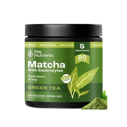 Enjoy a refreshing boost with our Matcha Powder with Electrolytes. This zero-sugar green tea matcha powder container offers 20 servings, perfect for staying hydrated.