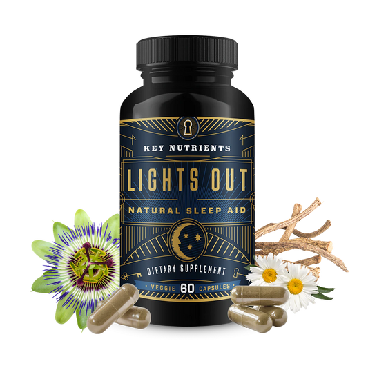 60 capsules Bottle of Lights Out Sleep Aid, featuring herbal ingredients, melatonin, and GABA capsules placed around it.