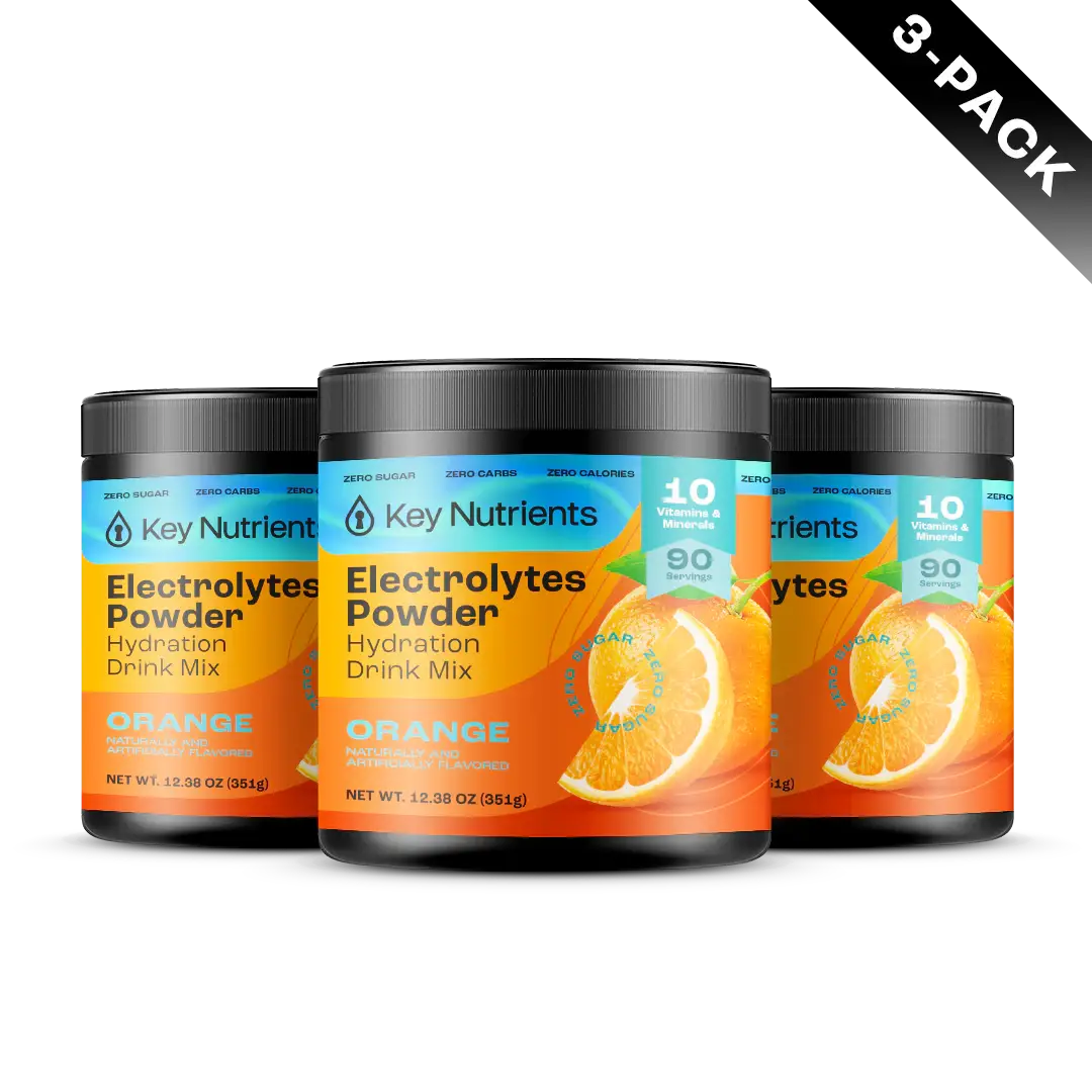 A three-pack of Key Nutrients Electrolyte Recovery Plus Powder (Sugar-Free), Orange flavor, featuring a sliced orange illustration on the labels. This hydration drink is perfect for those following a keto diet, ensuring you stay refreshed and energized.