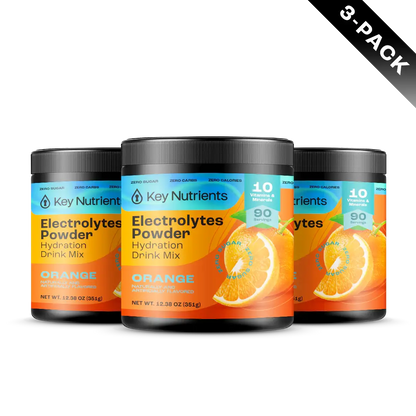 A three-pack of Key Nutrients Electrolyte Recovery Plus Powder (Sugar-Free), Orange flavor, featuring a sliced orange illustration on the labels. This hydration drink is perfect for those following a keto diet, ensuring you stay refreshed and energized.