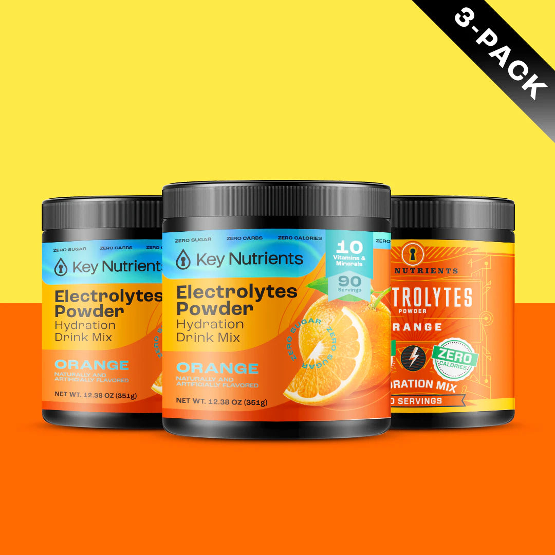 Three containers of Electrolyte Recovery Plus Powder (Sugar-Free), ideal for a Keto Diet Friendly hydration drink, are set against an orange and yellow background.