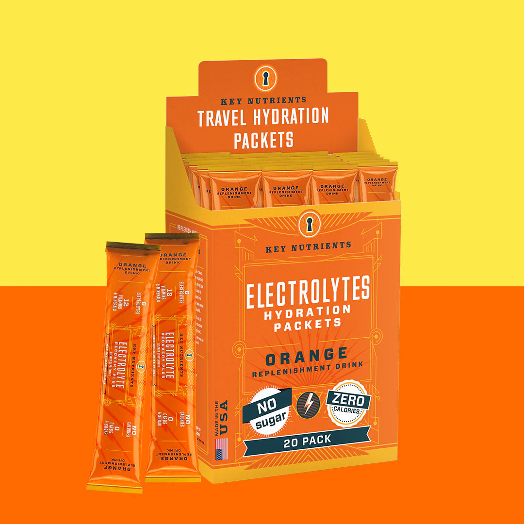 Electrolyte Recovery Plus Powder (Sugar-Free) packets, in orange flavor, are presented in a box labeled No Sugar and Zero Calories. Ideal for anyone on a keto diet, these easy-to-use electrolyte powder packets help keep you refreshed and energized.