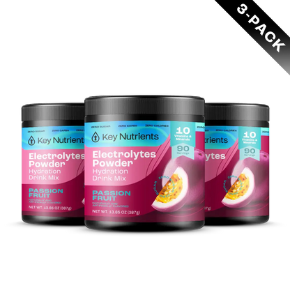 A 3-pack of the Electrolyte Recovery Plus Powder (Sugar-Free) in Passion Fruit flavor is perfect for those on a keto diet seeking to replenish essential minerals.