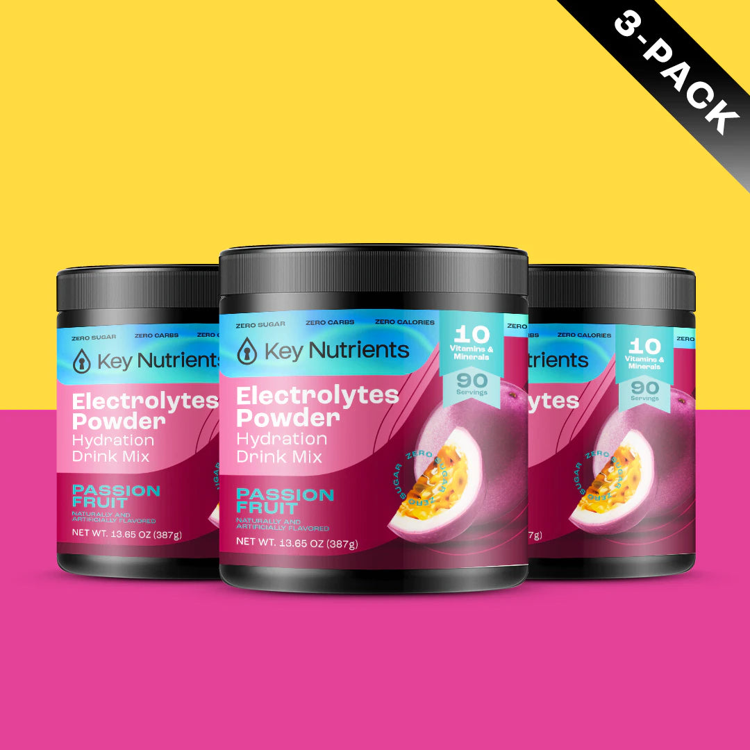 Three containers of Electrolyte Recovery Plus Powder (Sugar-Free) in passion fruit flavor set against a vibrant background, highlighting a hydration drink that is keto diet friendly.