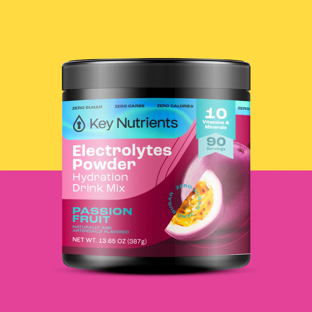 Electrolyte Recovery Plus Powder (Sugar-Free) with a passion fruit flavor, featured on a vibrant yellow and pink background, is ideal for anyone following a keto diet.