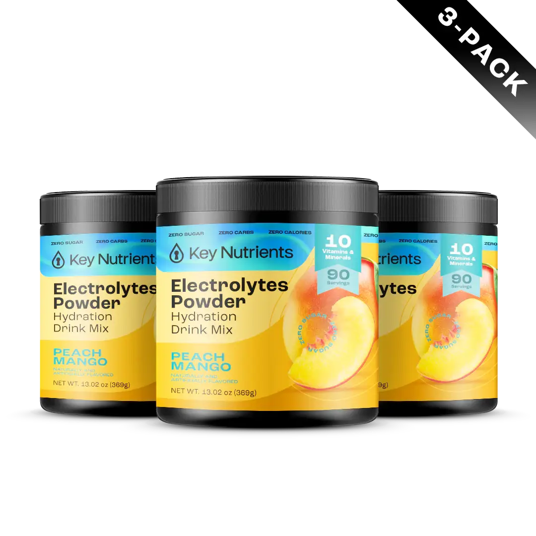 A 3-pack of Electrolyte Recovery Plus Powder (Sugar-Free) in Peach Mango flavor includes three containers and offers essential electrolyte support, making it ideal for those following a keto diet.