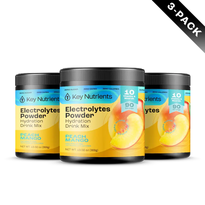 A 3-pack of Electrolyte Recovery Plus Powder (Sugar-Free) in Peach Mango flavor includes three containers and offers essential electrolyte support, making it ideal for those following a keto diet.