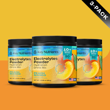 Three jars of Electrolyte Recovery Plus Powder (Sugar-Free), Peach Mango flavor, on an orange background.