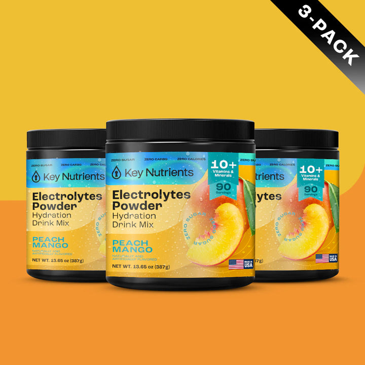 Three jars of Electrolyte Recovery Plus Powder (Sugar-Free), Peach Mango flavor, on an orange background.