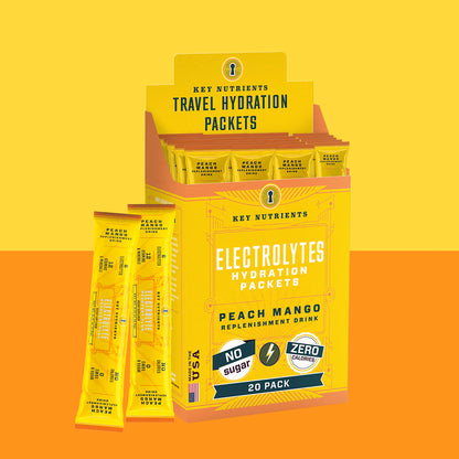 A yellow box of Electrolyte Recovery Plus Powder (Sugar-Free) in peach mango flavor, with two packets on the side.