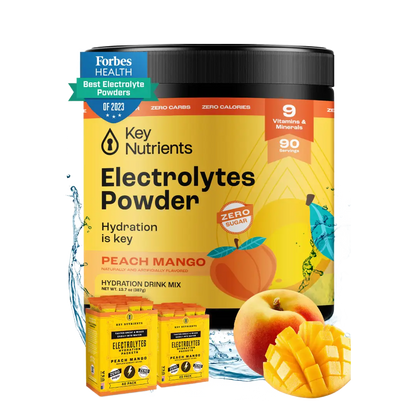 Electrolyte Recovery Plus Powder (Sugar-Free), featuring mango slices and a Forbes badge, is your go-to hydration drink. It's more than just an electrolyte powder; it's also keto diet-friendly.