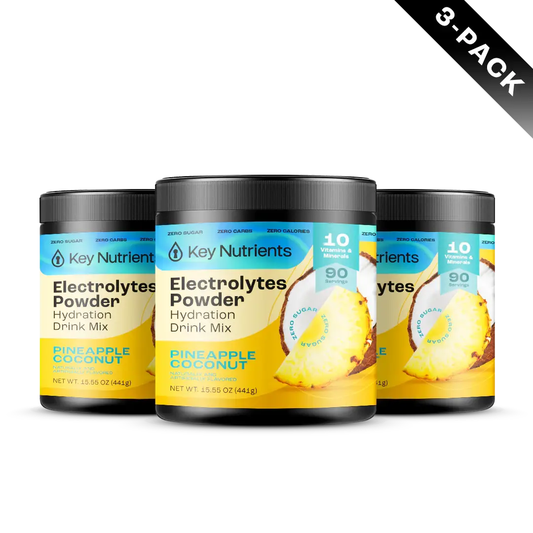 Three jars of Electrolyte Recovery Plus Powder (Sugar-Free), a keto-friendly hydration drink in Pineapple Coconut flavor, are displayed against a black background.