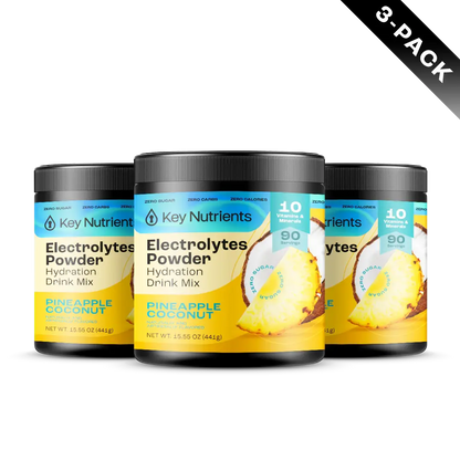 Three jars of Electrolyte Recovery Plus Powder (Sugar-Free), a keto-friendly hydration drink in Pineapple Coconut flavor, are displayed against a black background.